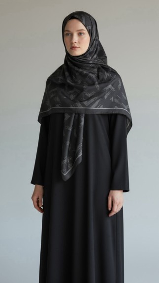  - Büyük Boy Vual İpek Eşarp Ok Desen Siyah