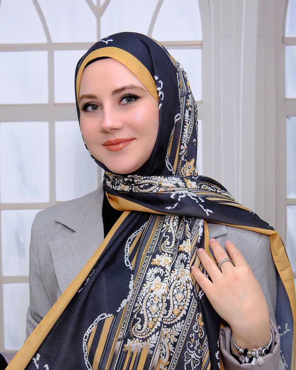 Nuit Desen Şal Siyah Hardal