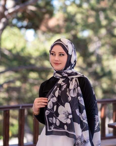  - Pamuk İpek Şal Aura - Siyah Krem
