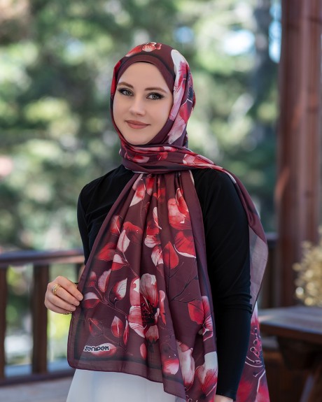  - Pamuk İpek Şal Aura - Vişne