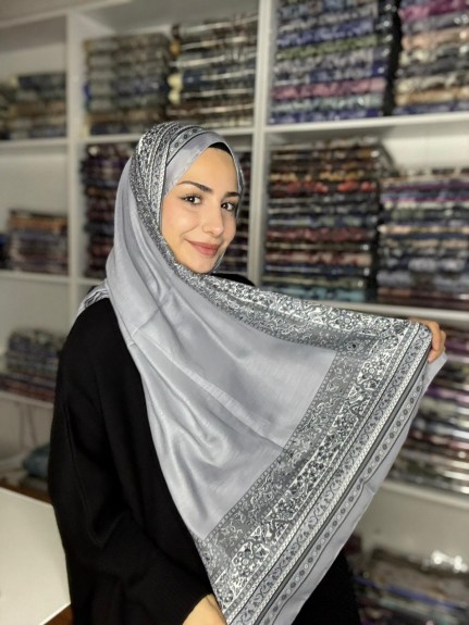  - Pamuk İpek Şal Bohem Gri Füme