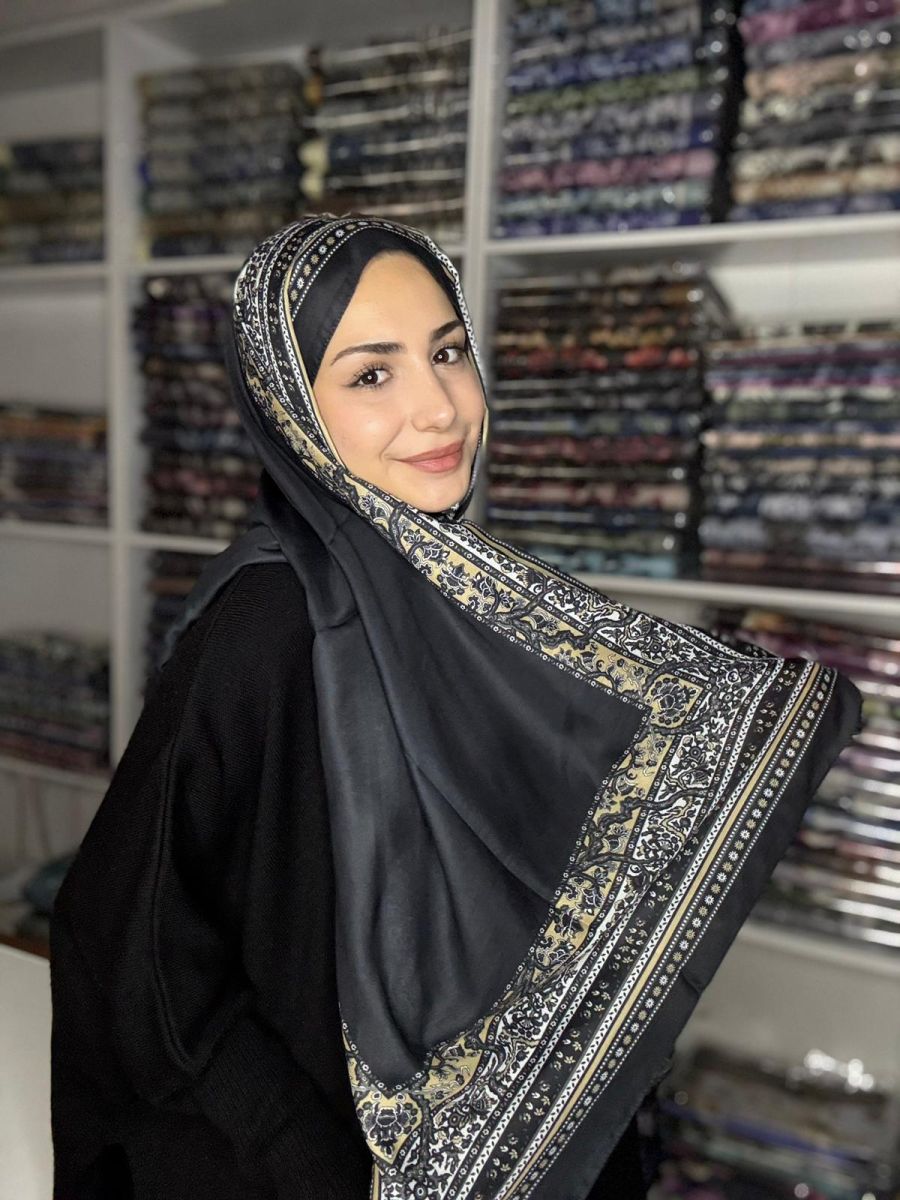 Pamuk İpek Şal Bohem Siyah Gold