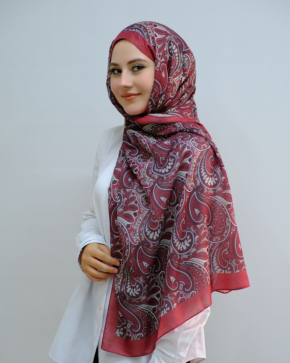 Pamuk İpek Şal Ribbon Desen - Bordo