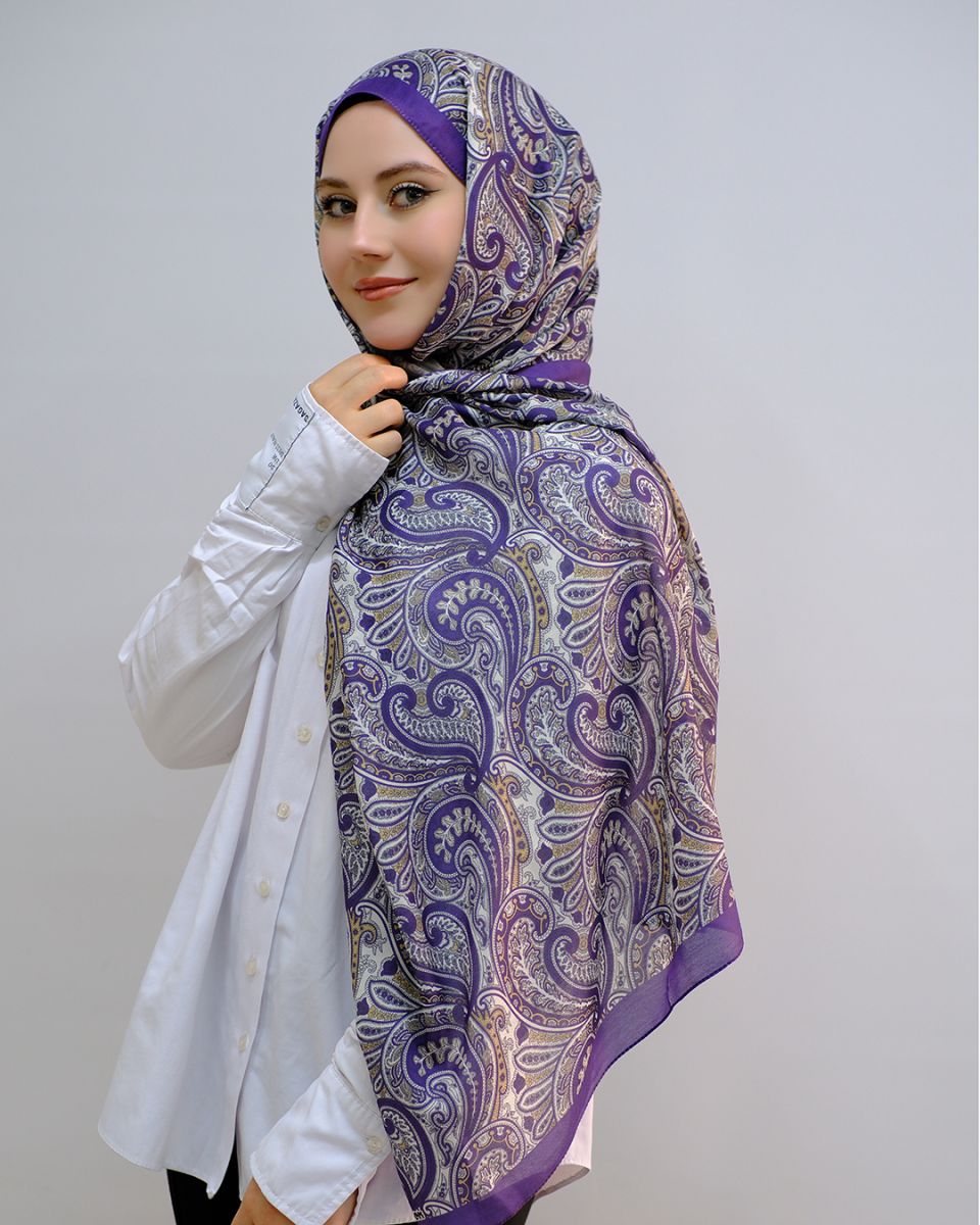 Pamuk İpek Şal Ribbon Desen - Mor