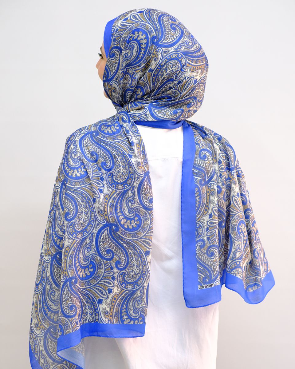 Pamuk İpek Şal Ribbon Desen - Saks