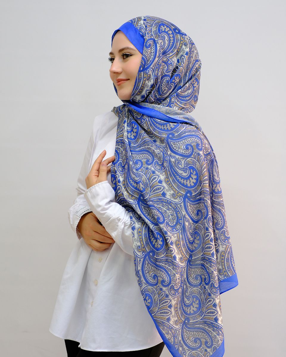 Pamuk İpek Şal Ribbon Desen - Saks