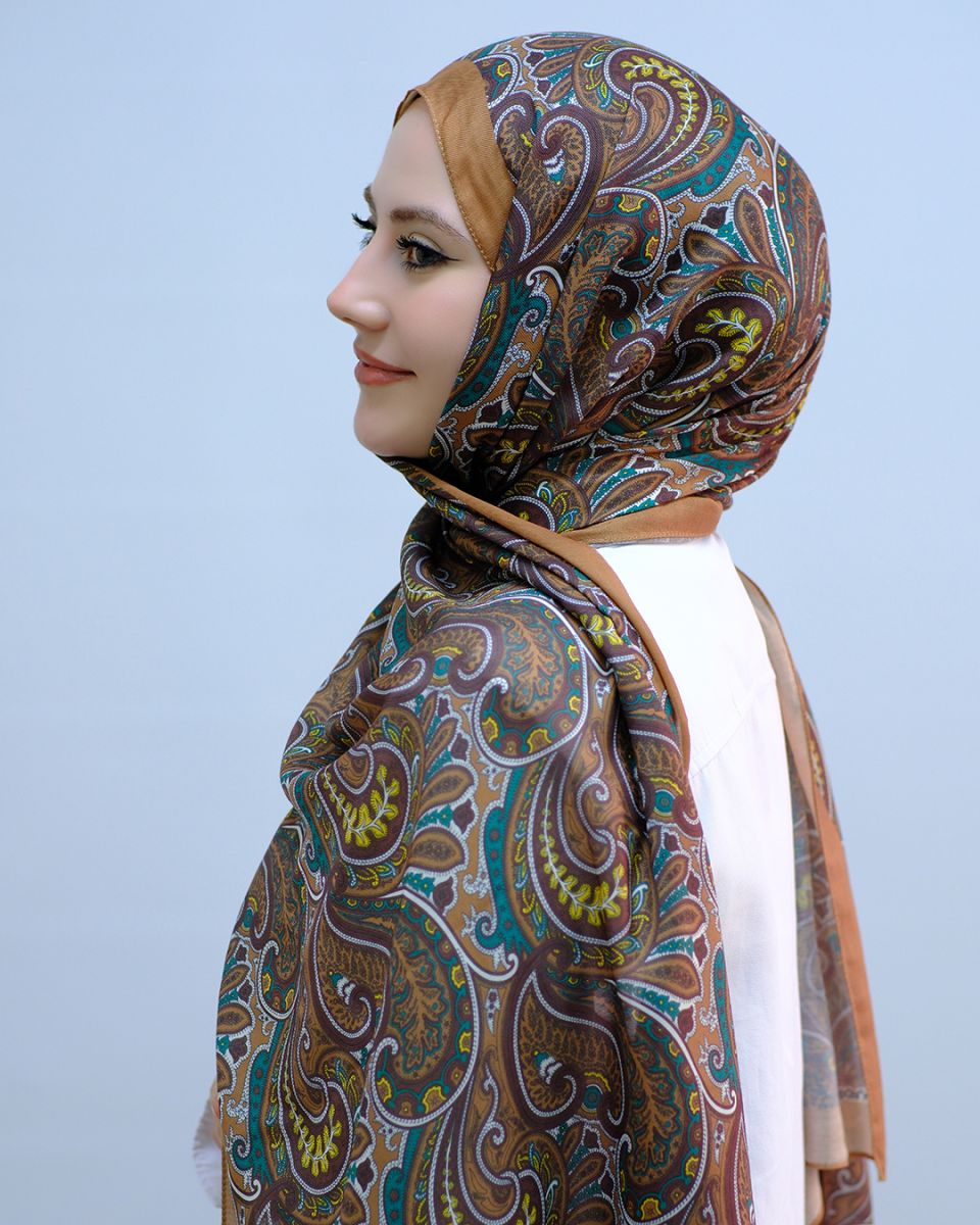 Pamuk İpek Şal Ribbon Desen - Taba