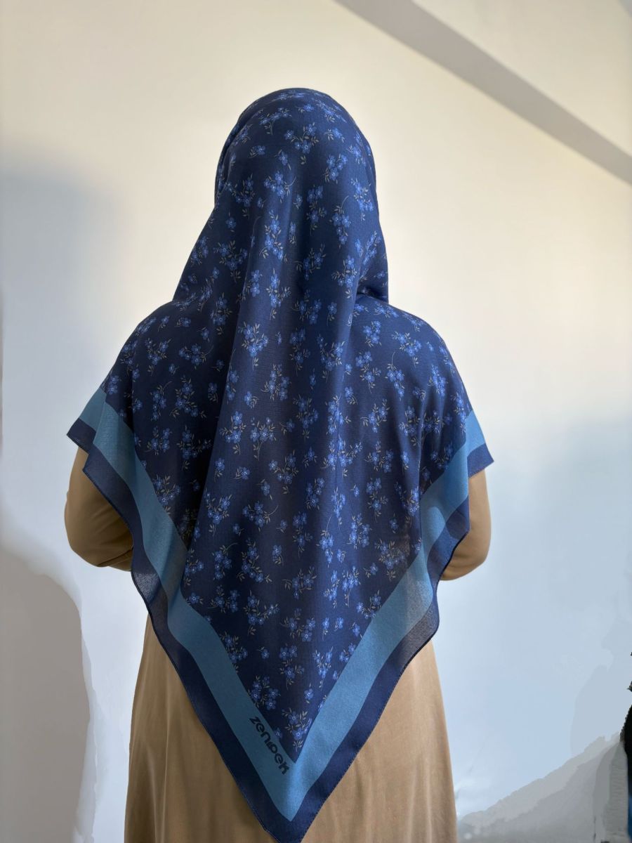 Pamuklu 120cm x 120cm Eşarp Bahar Dalı İndigo