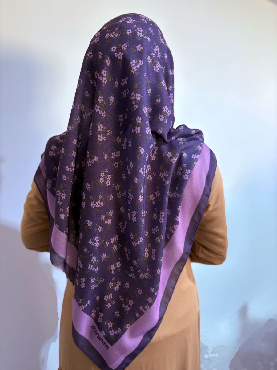 Pamuklu 120cm x 120cm Eşarp Bahar Dalı Mor