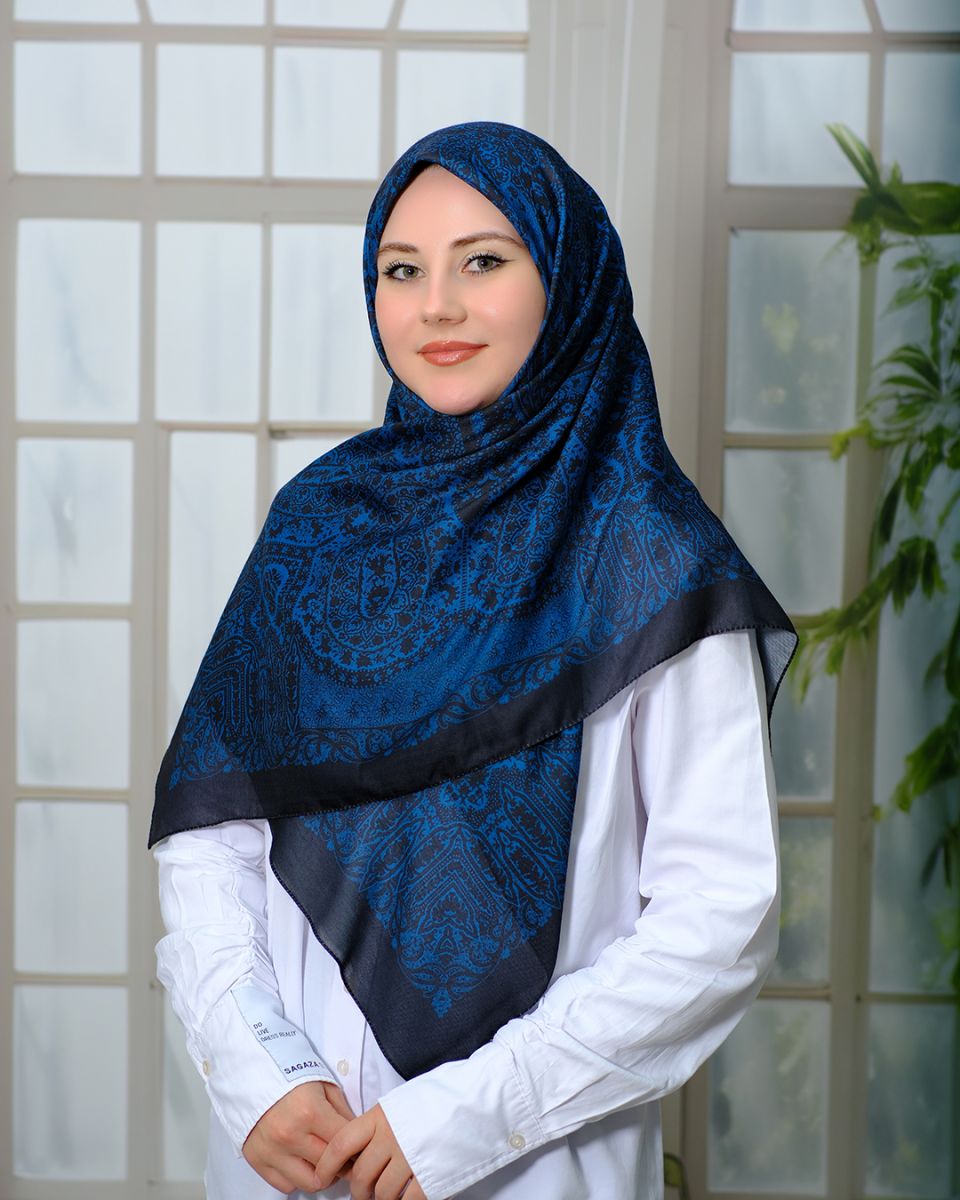 Pamuklu 120cm x 120cm Eşarp - Enderun Siyah Gece Mavisi