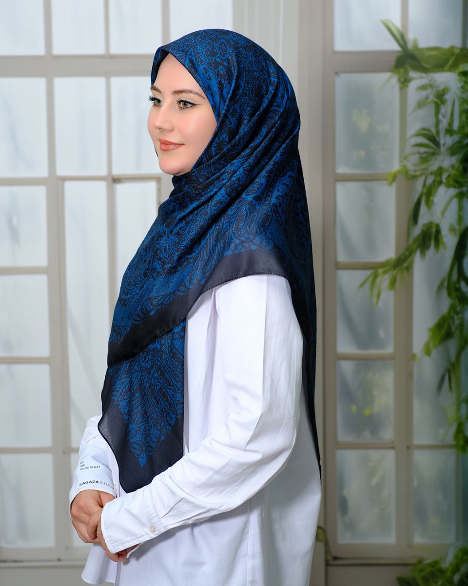 Pamuklu 120cm x 120cm Eşarp - Enderun Siyah Gece Mavisi