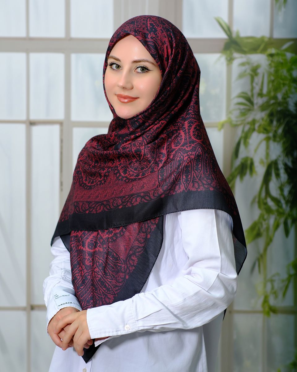 Pamuklu 120cm x 120cm Eşarp - Enderun Siyah Vişne