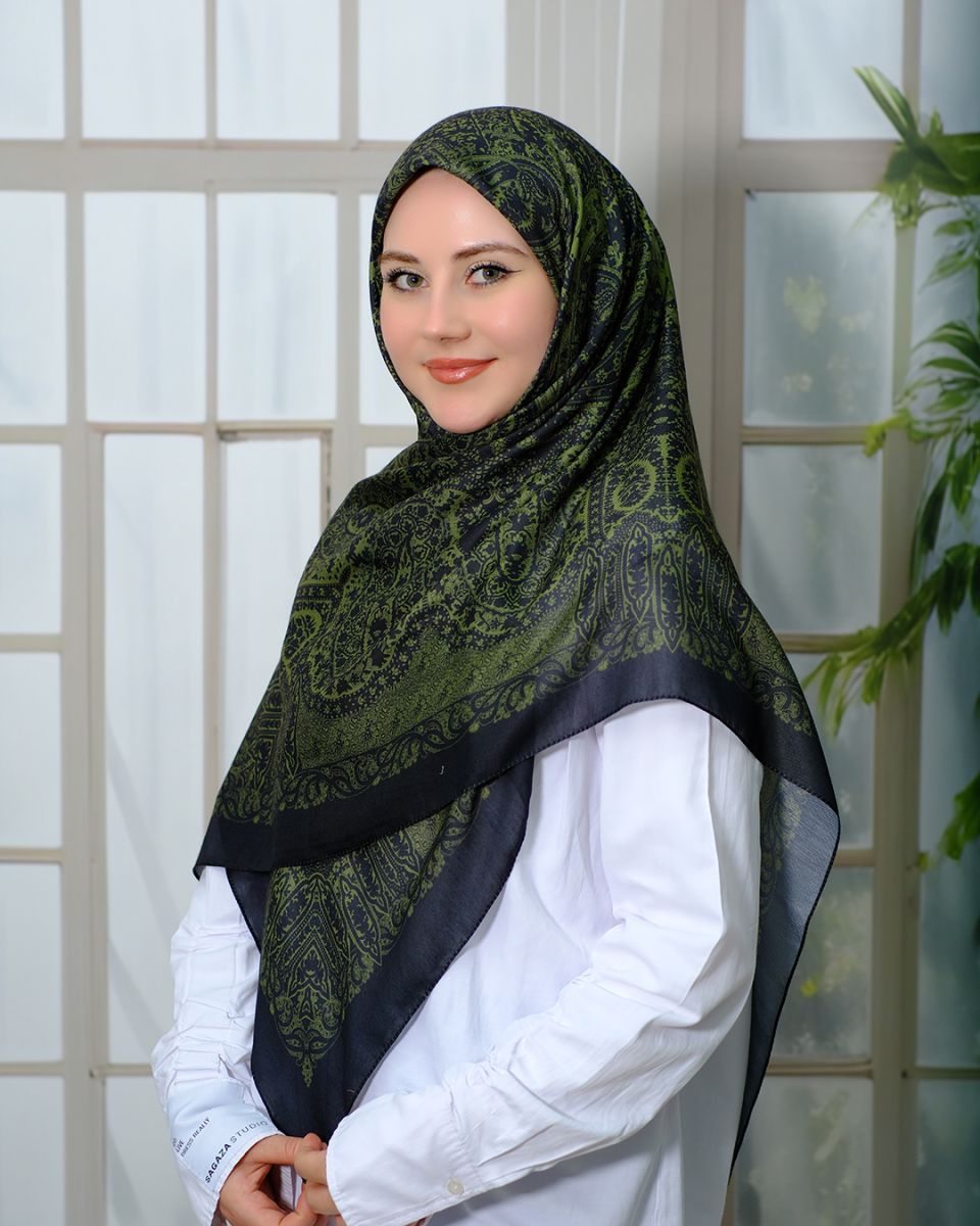 Pamuklu 120cm x 120cm Eşarp - Enderun Siyah Zeytin Yeşili