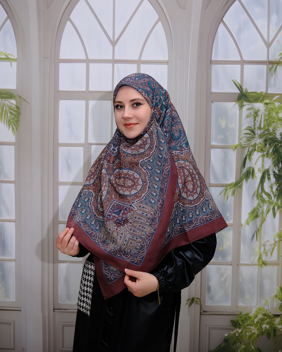 Pamuklu 120cm x 120cm Eşarp - Etnik Bordo