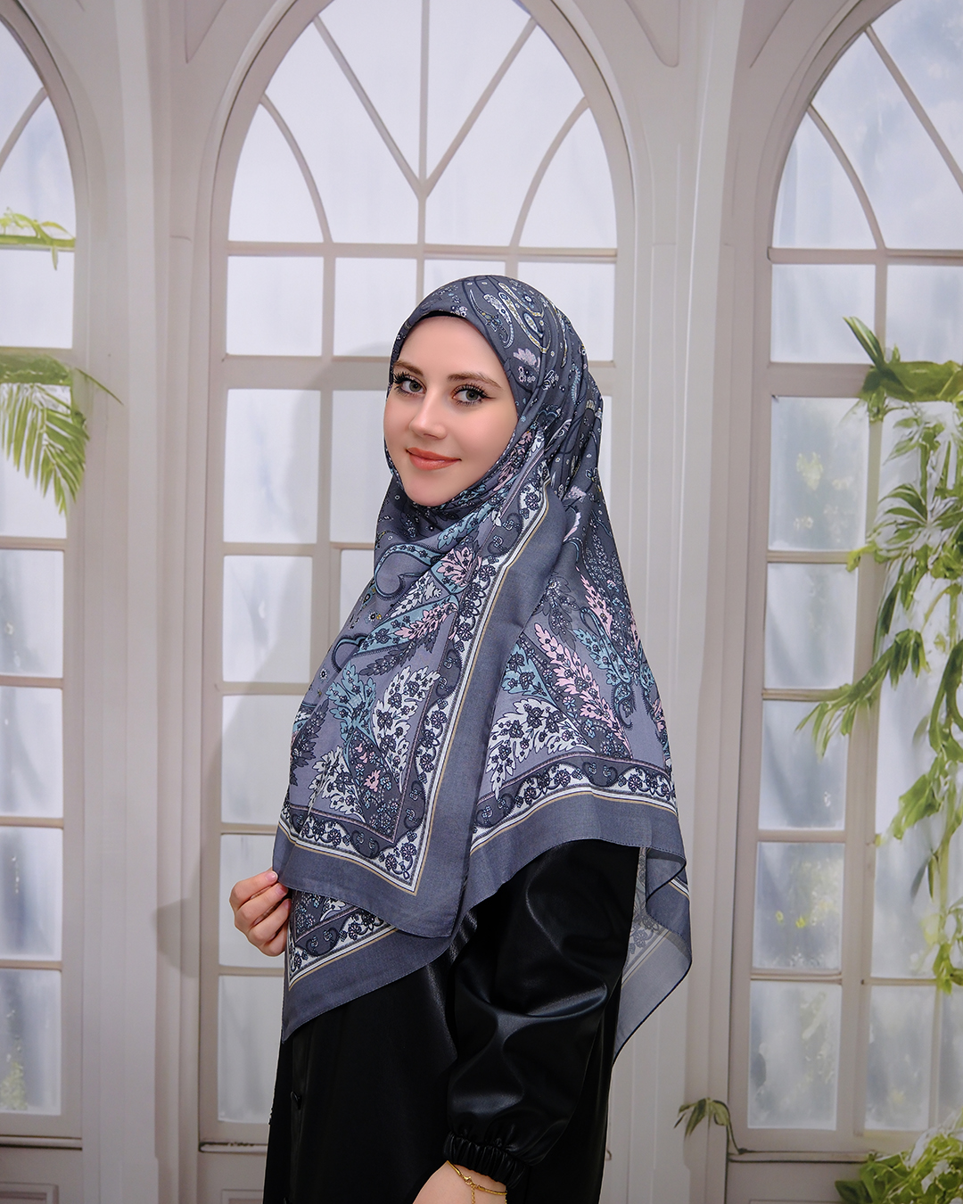 Pamuklu 120cm X 120cm Eşarp - Etnik Füme