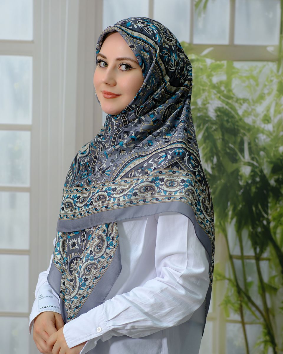 Pamuklu 120cm x 120cm Eşarp - Etnik Gri