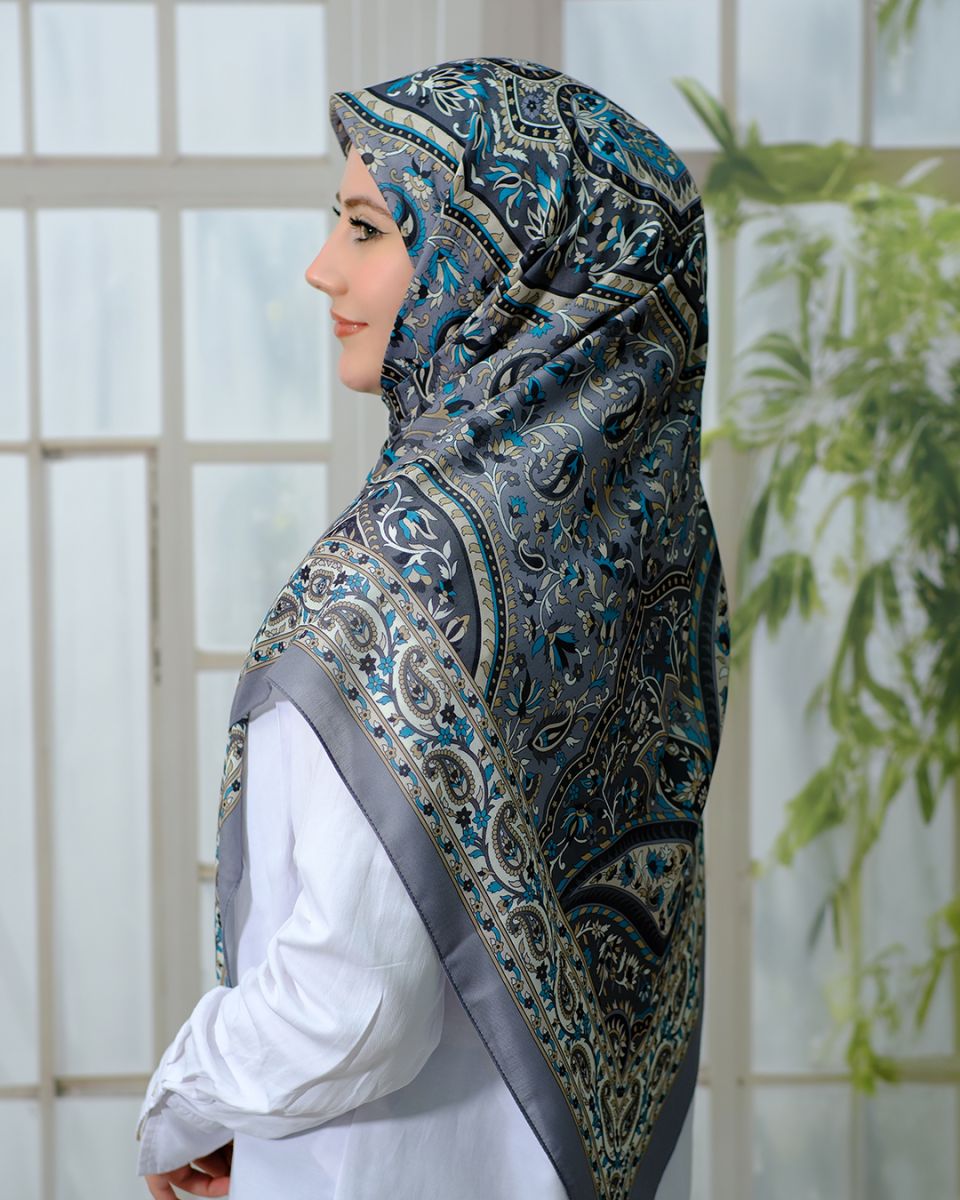 Pamuklu 120cm x 120cm Eşarp - Etnik Gri