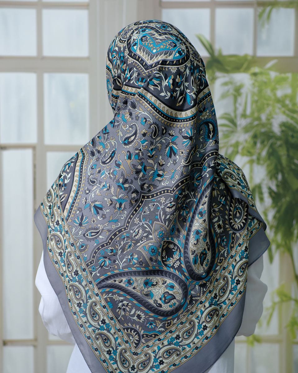 Pamuklu 120cm x 120cm Eşarp - Etnik Gri