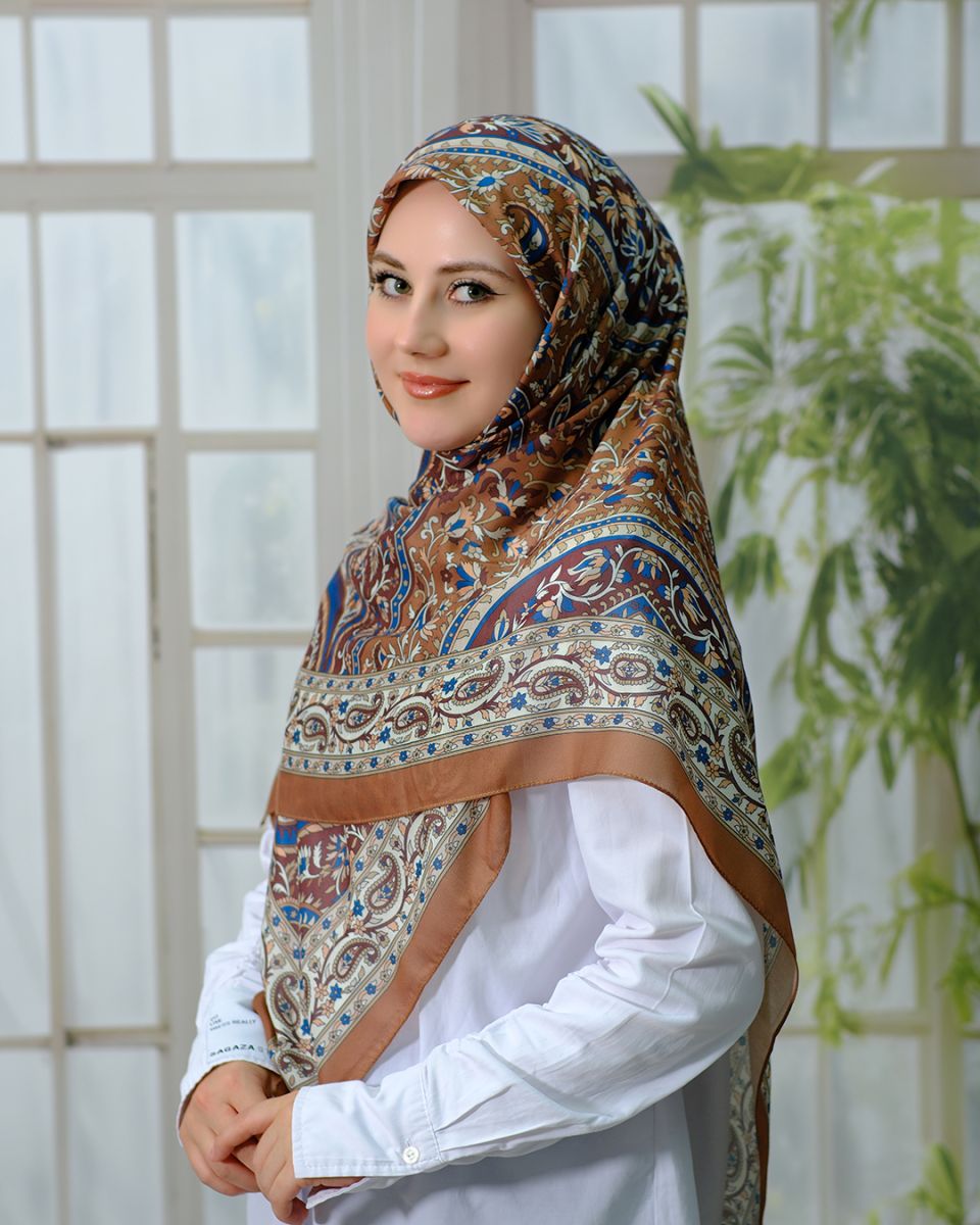 Pamuklu 120cm x 120cm Eşarp - Etnik Kahve