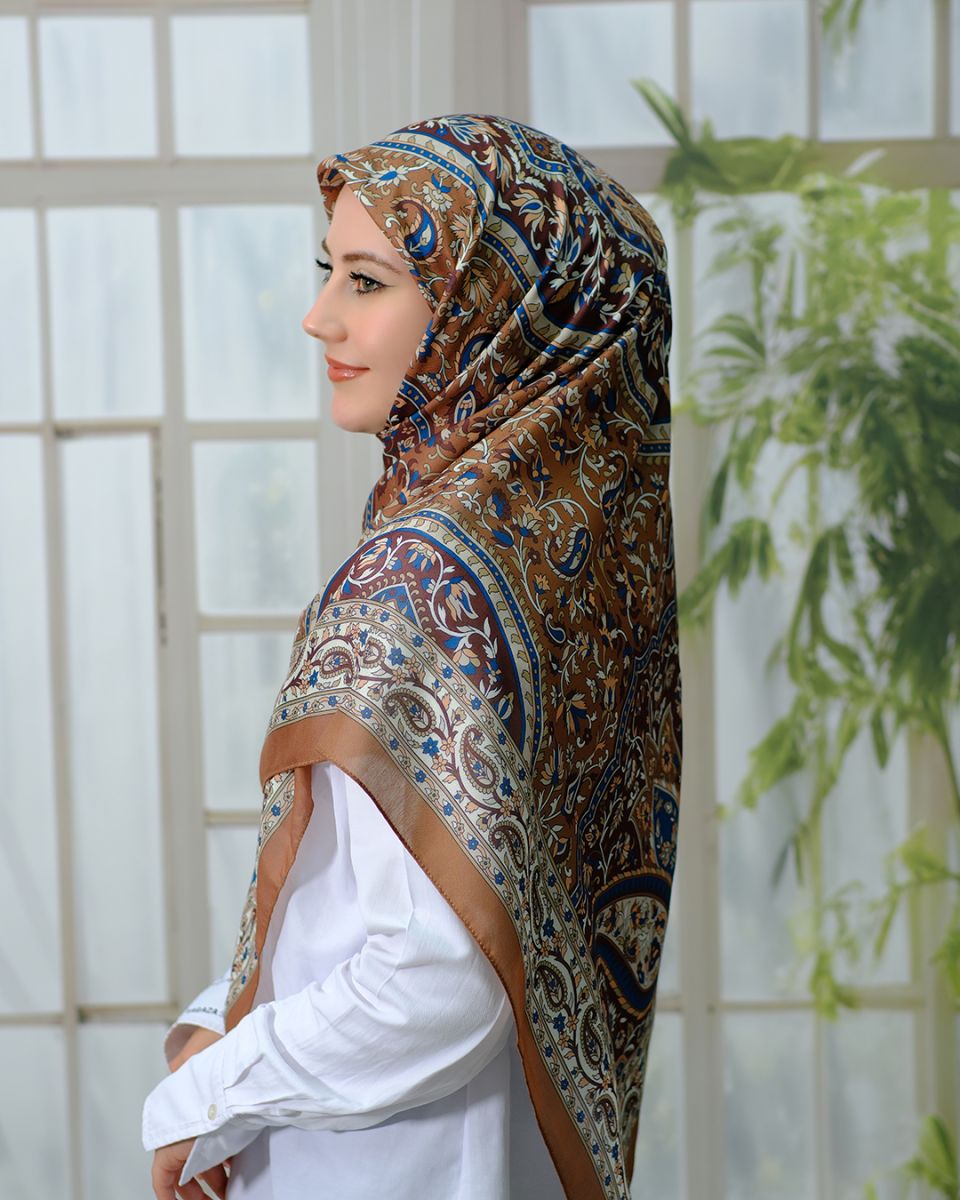 Pamuklu 120cm x 120cm Eşarp - Etnik Kahve