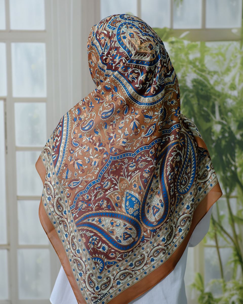 Pamuklu 120cm x 120cm Eşarp - Etnik Kahve