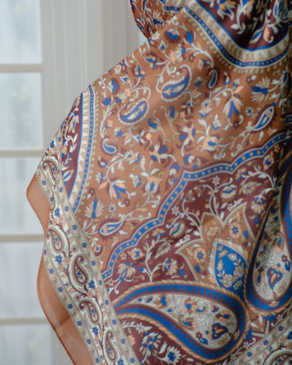 Pamuklu 120cm x 120cm Eşarp - Etnik Kahve