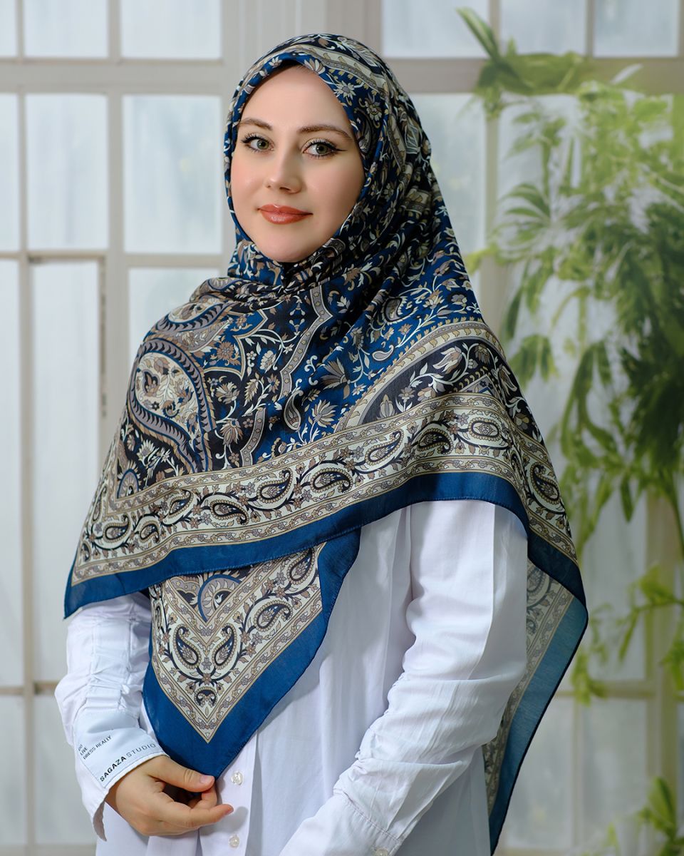 Pamuklu 120cm x 120cm Eşarp - Etnik Petrol