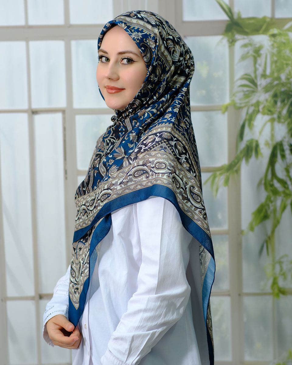 Pamuklu 120cm x 120cm Eşarp - Etnik Petrol