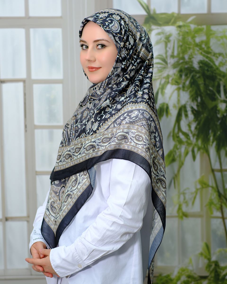 Pamuklu 120cm x 120cm Eşarp - Etnik Siyah