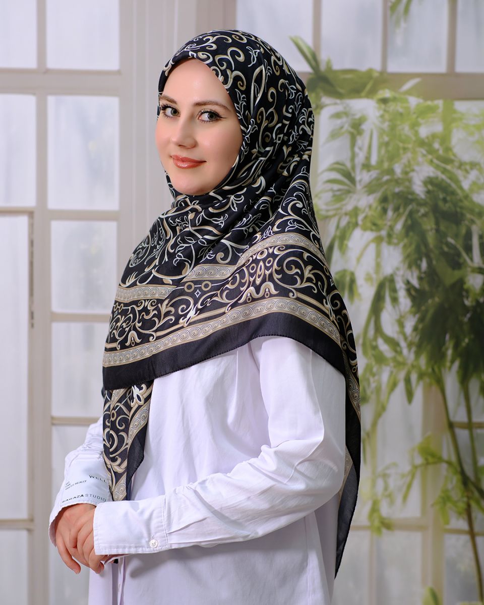 Pamuklu 120cm x 120cm Eşarp - Etnik Siyah