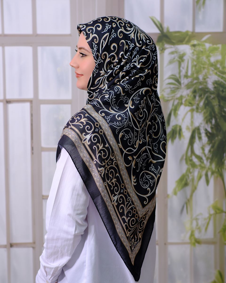 Pamuklu 120cm x 120cm Eşarp - Etnik Siyah