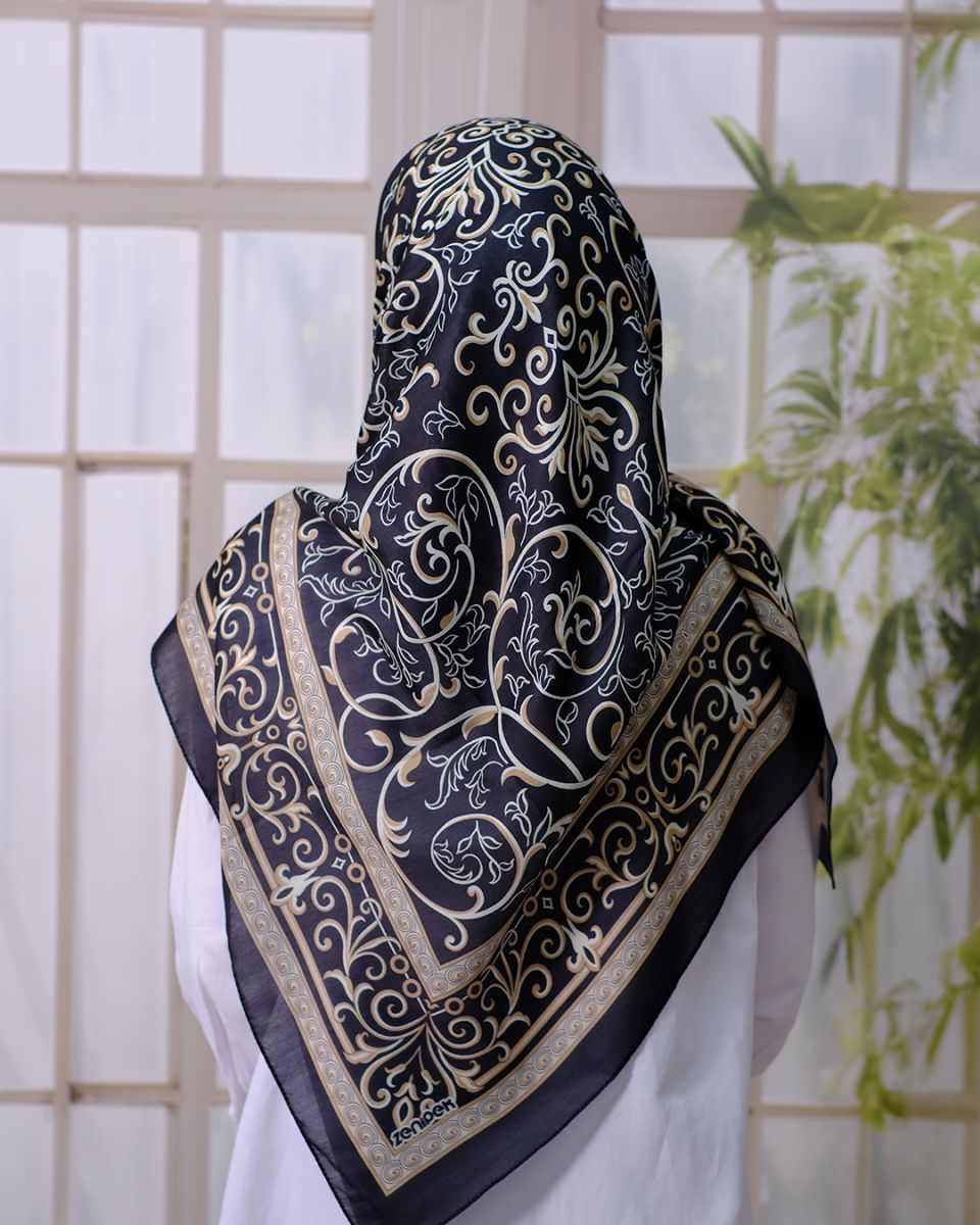 Pamuklu 120cm x 120cm Eşarp - Etnik Siyah