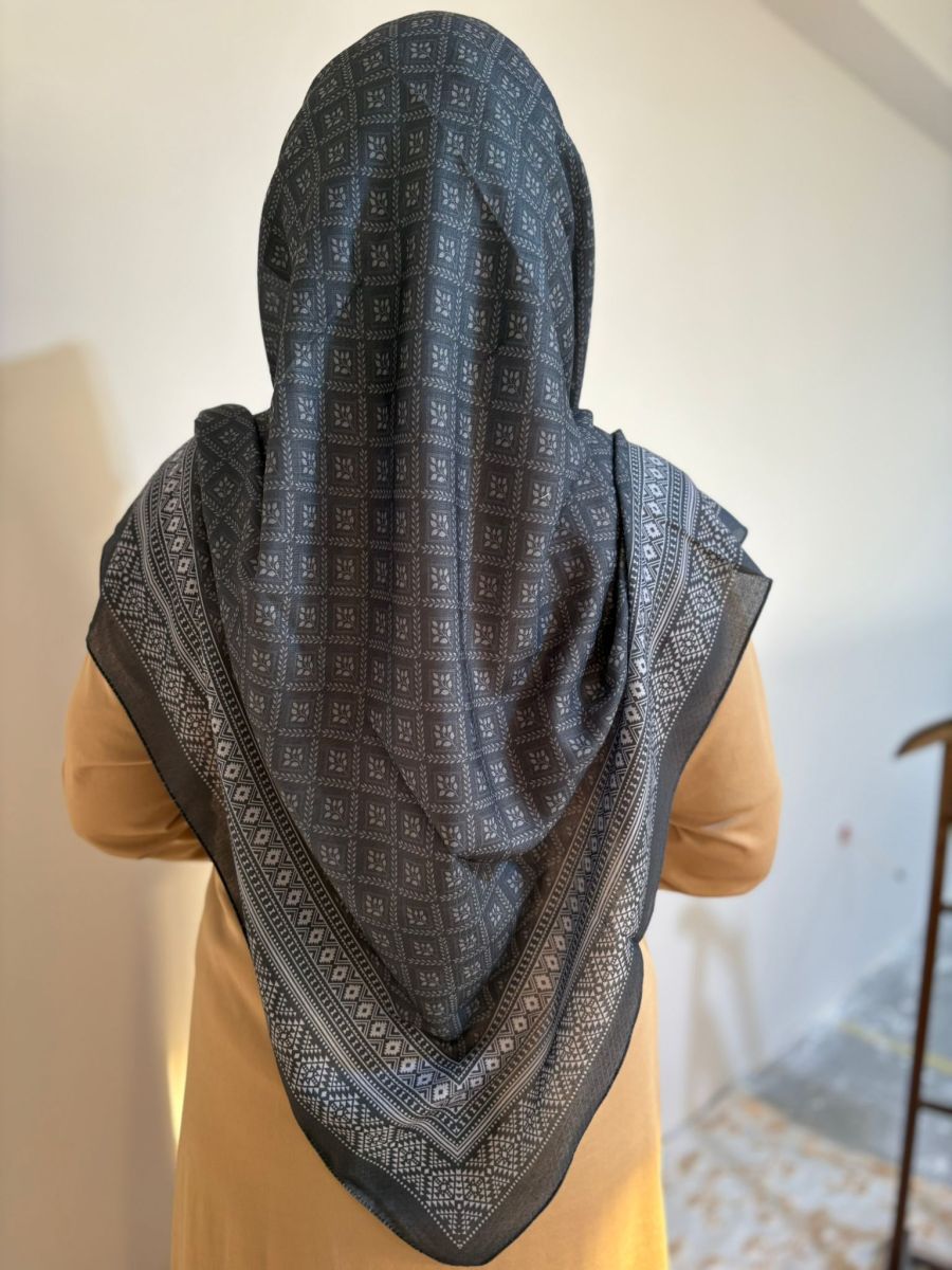 Pamuklu 120cm x 120cm Eşarp Gece Mozaik Gri
