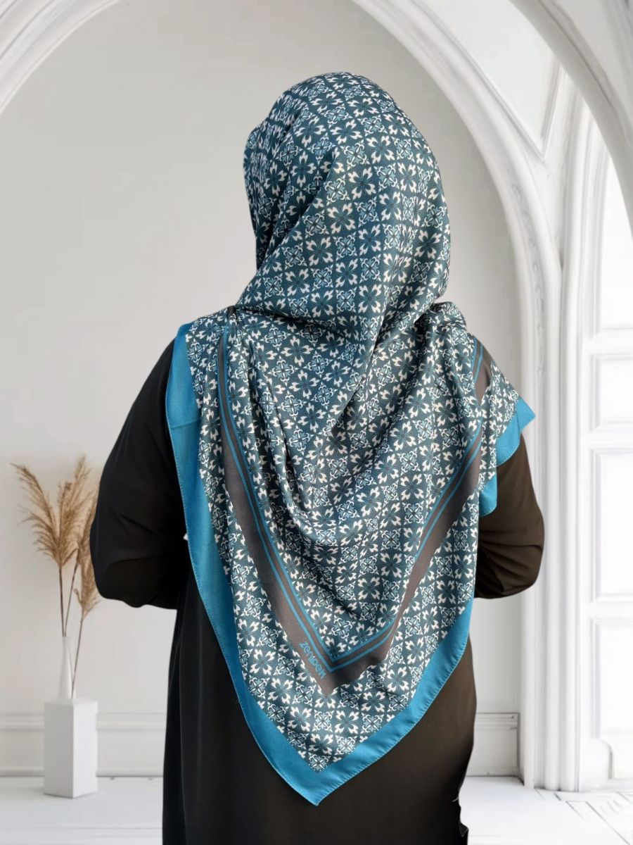 Pamuklu 120cm x 120cm Eşarp Gizemli Geometri Petrol