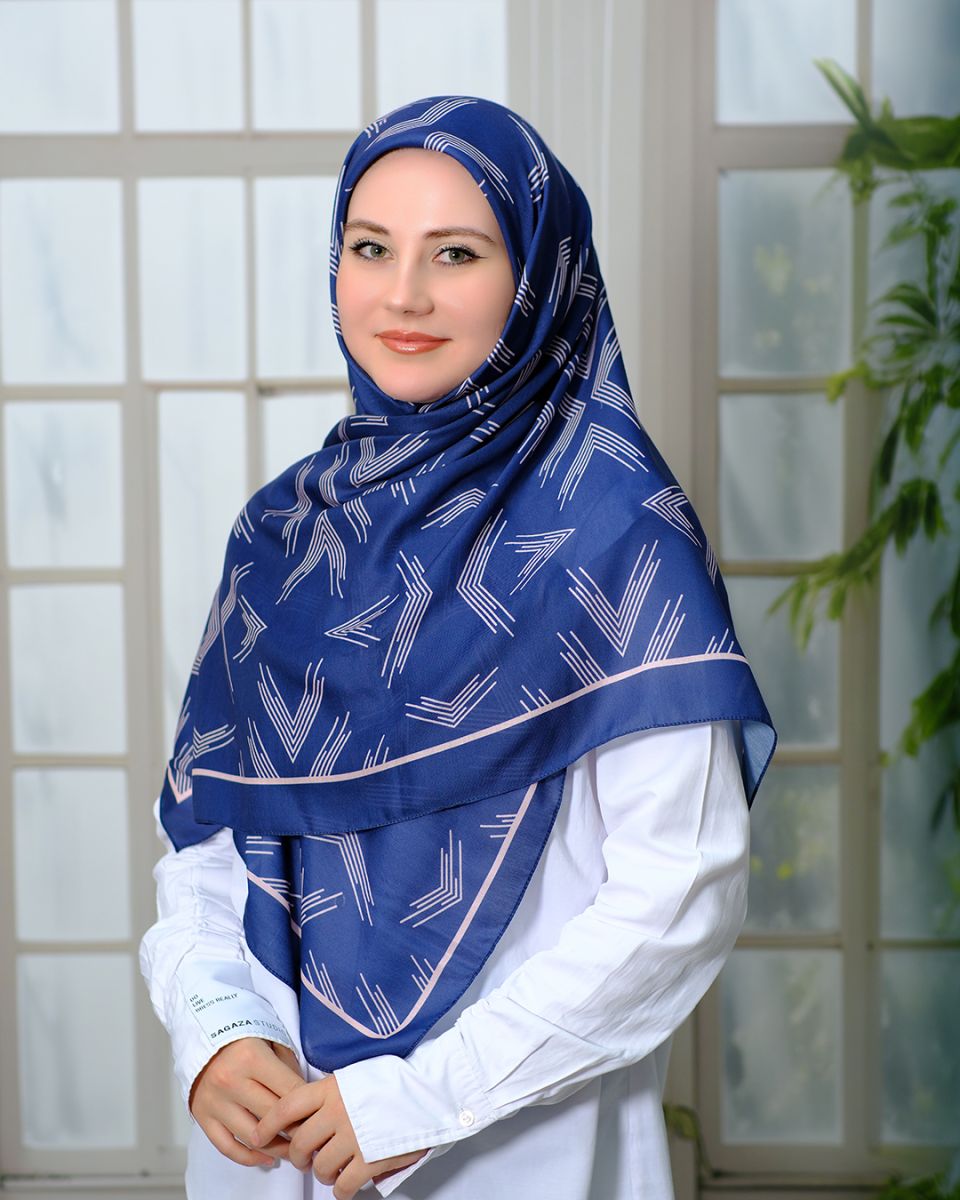 Pamuklu 120cm x 120cm Eşarp - Ok Desen Lacivert Pembe