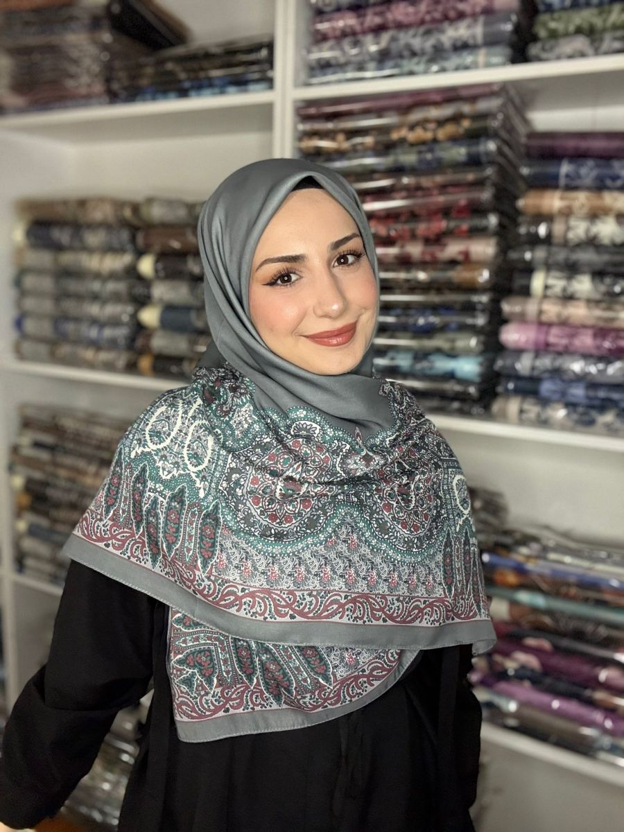 Pamuklu 120cm x 120cm Eşarp Saray Nakışı Gri