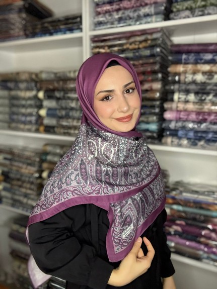  - Pamuklu 120cm x 120cm Eşarp Saray Nakışı Gül Kurusu