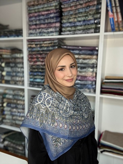  - Pamuklu 120cm x 120cm Eşarp Saray Nakışı Kahve