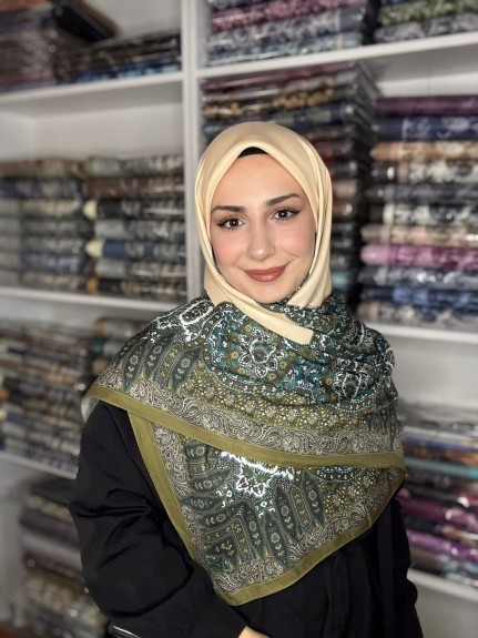  - Pamuklu 120cm x 120cm Eşarp Saray Nakışı Krem