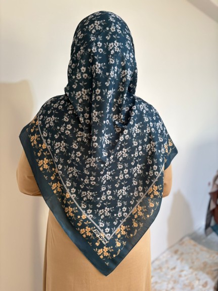  - Pamuklu 120cm x 120cm Eşarp Sonbahar Esintisi Petrol