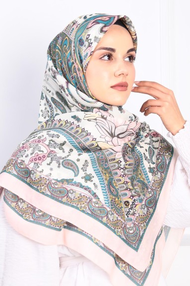  - Pamuklu 140cm x 140cm Eşarp Etnik Mint