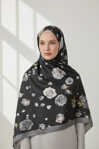  - Pamuklu 140cm x 140cm Eşarp Siyah Gri