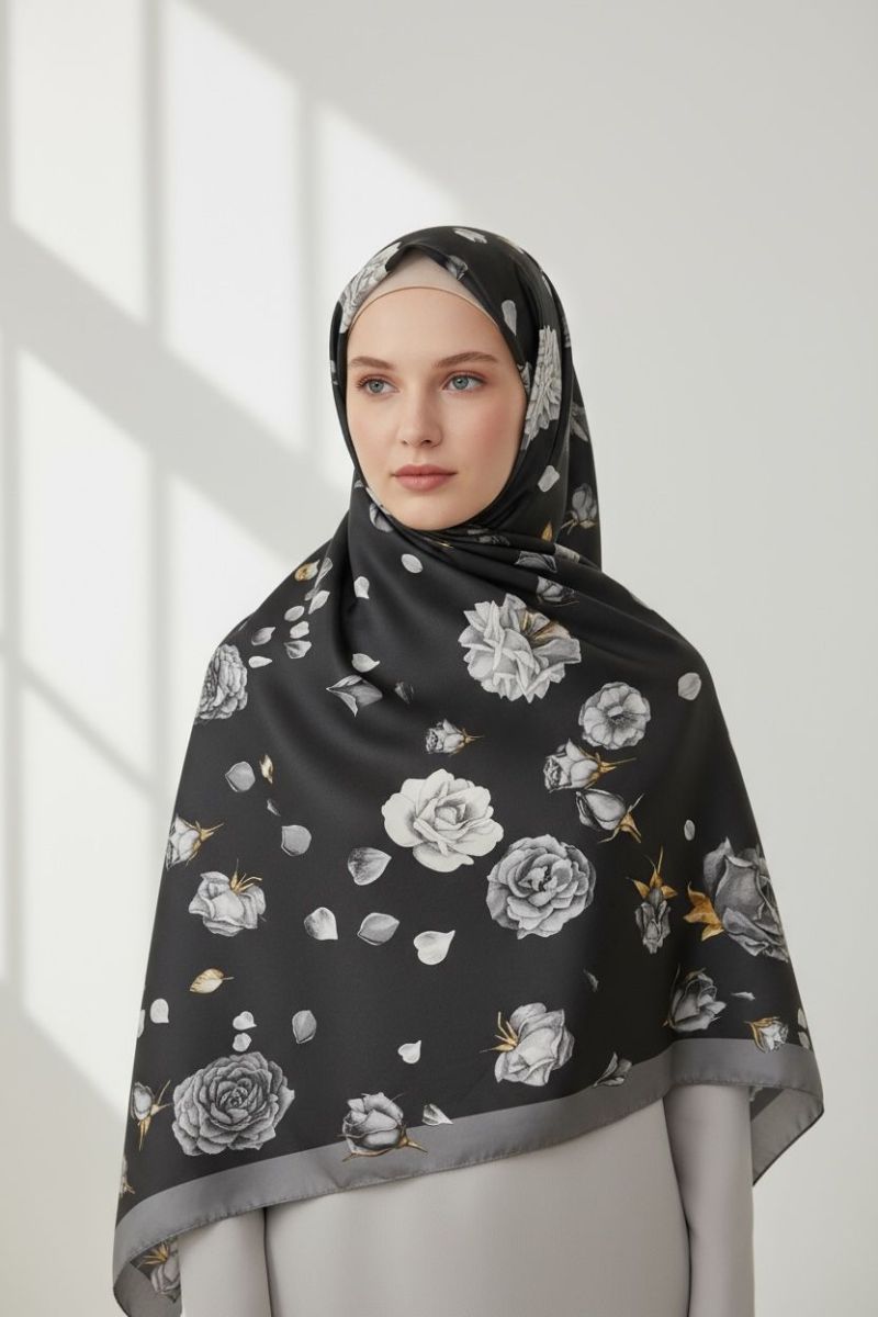 Pamuklu 140cm x 140cm Eşarp Siyah Gri