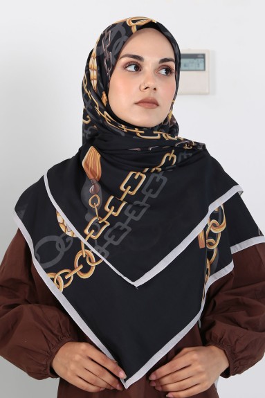  - Pamuklu 140cm x 140cm Eşarp Zincir Siyah