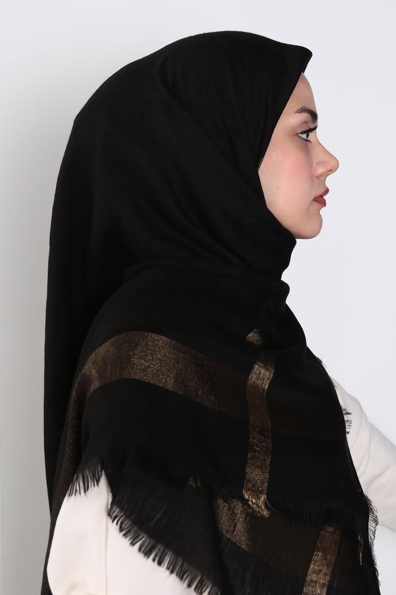 Siyah Gold 140cm x 140cm Eşarp - Çizgili