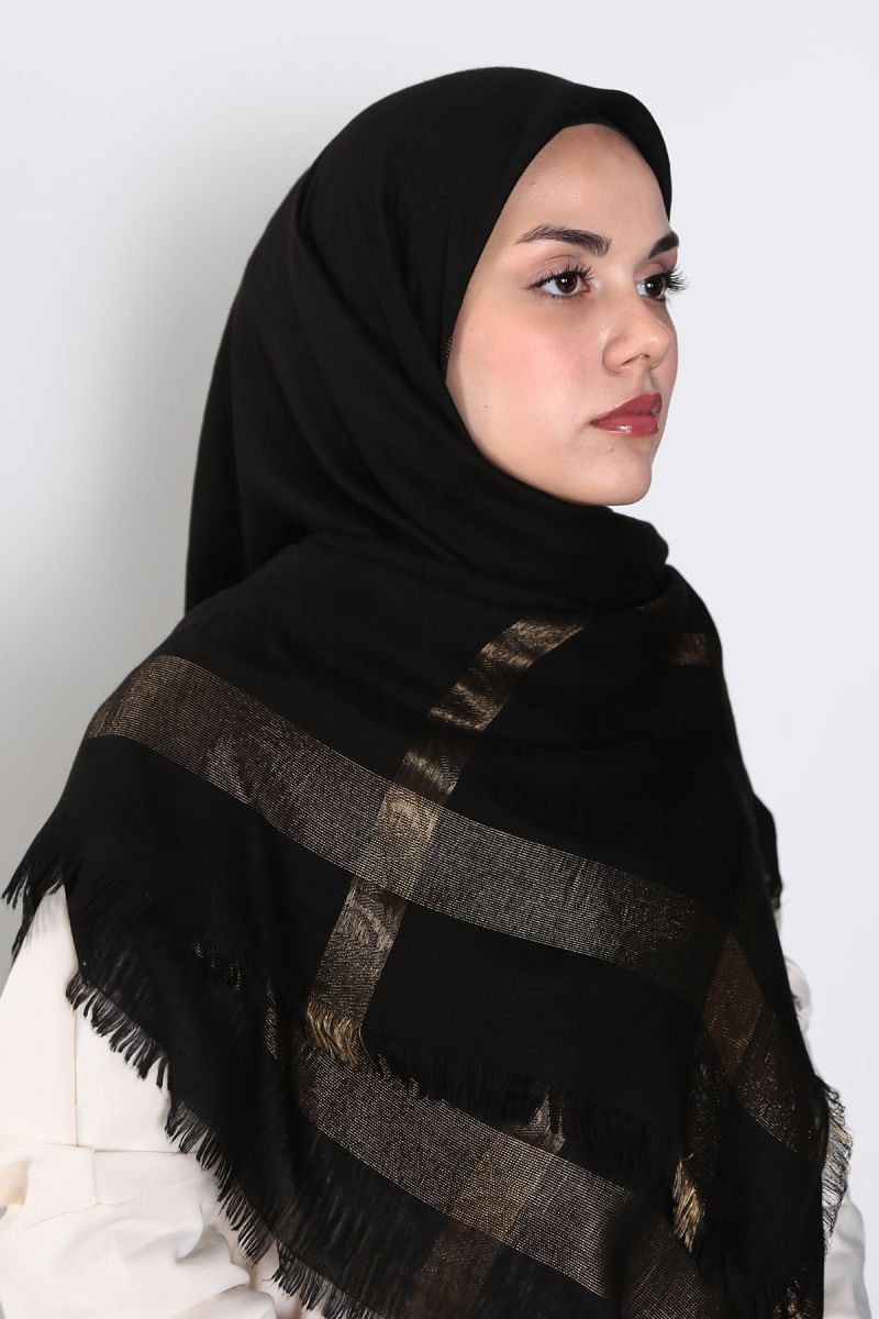 Siyah Gold 140cm x 140cm Eşarp - Çizgili