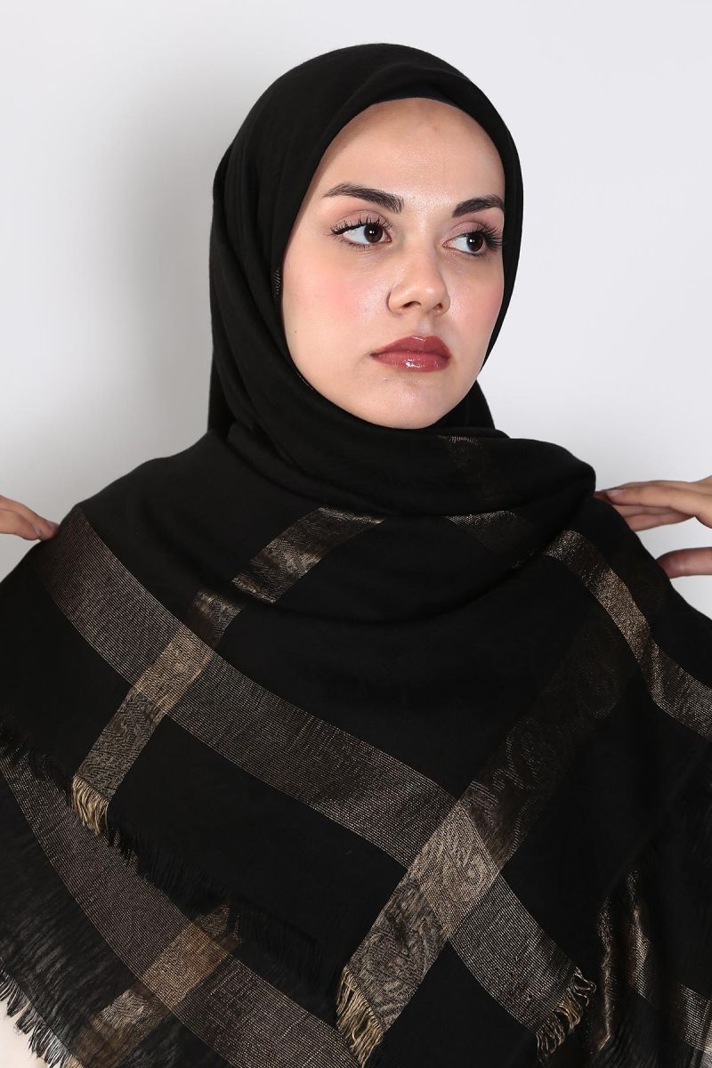 Siyah Gold 140cm x 140cm Eşarp - Çizgili