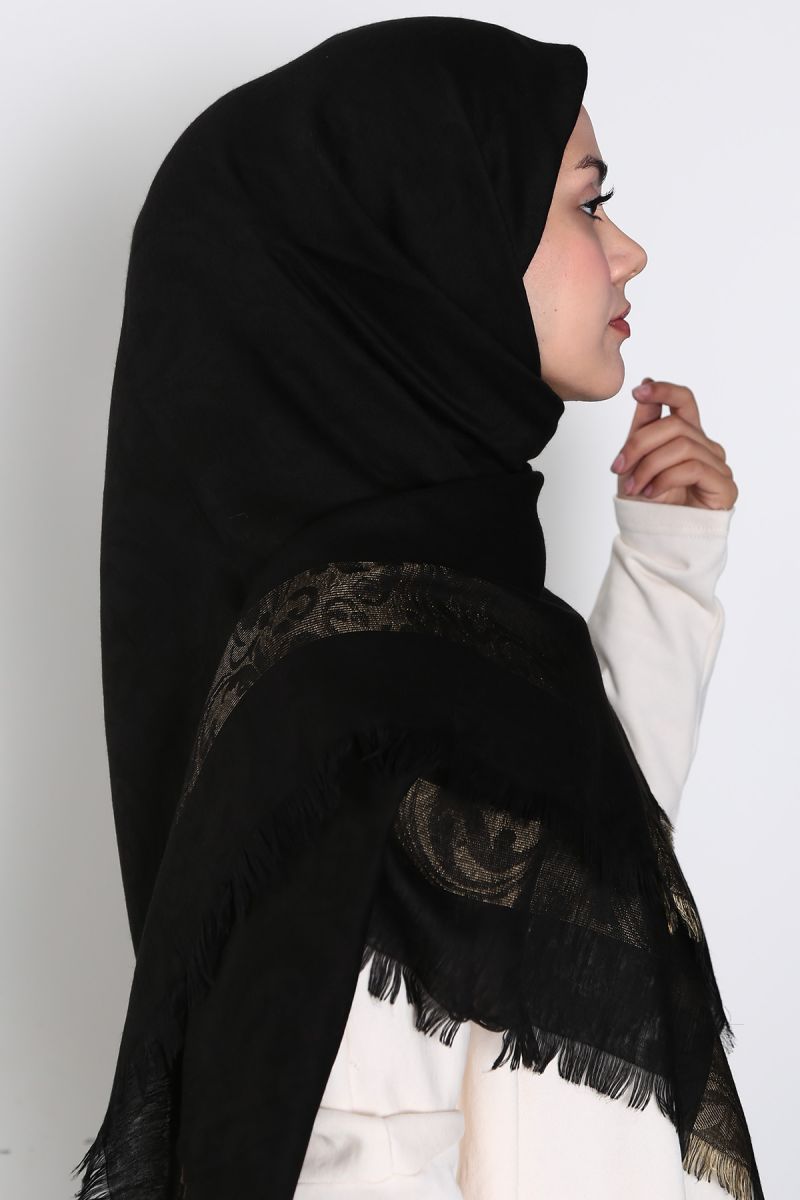 Siyah Gold 140cm x 140cm Eşarp - Etnik