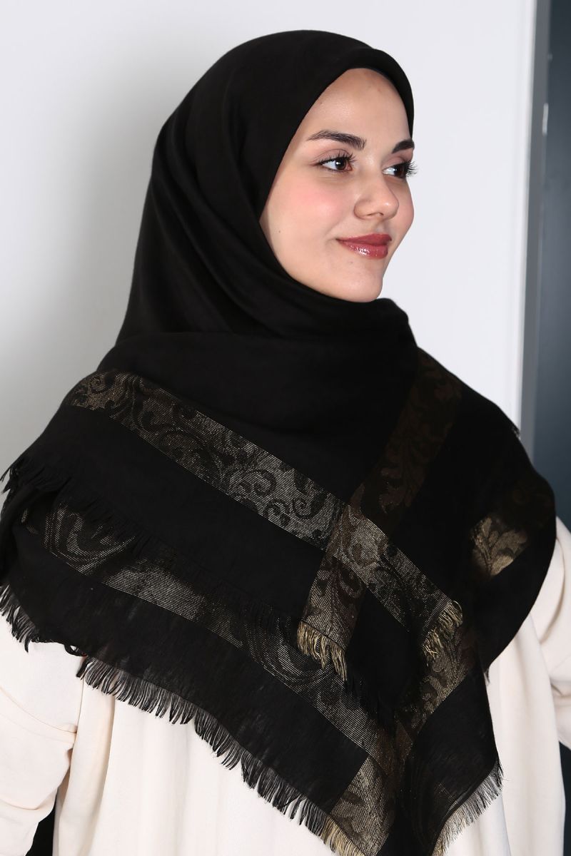 Siyah Gold 140cm x 140cm Eşarp - Etnik