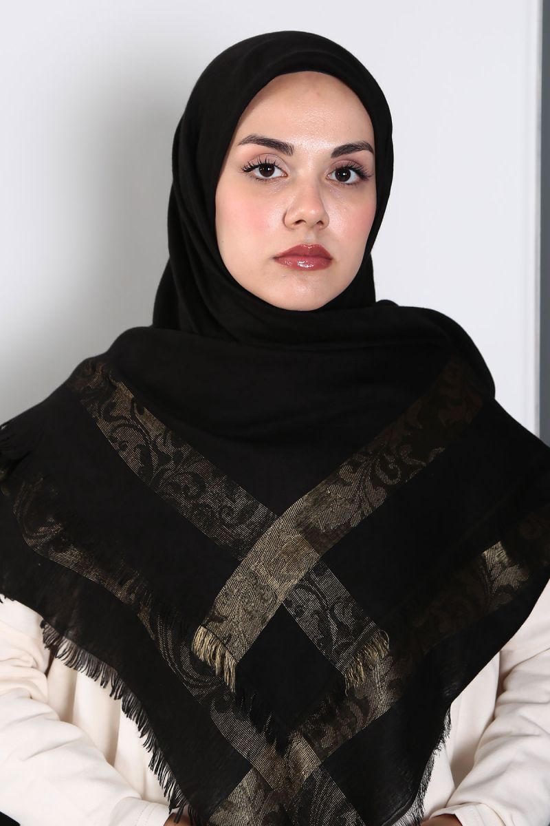 Siyah Gold 140cm x 140cm Eşarp - Etnik